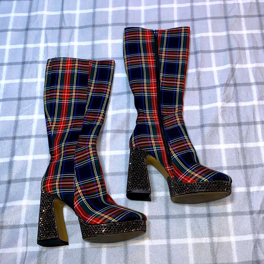 Betsey Johnson plaid below the knee boots